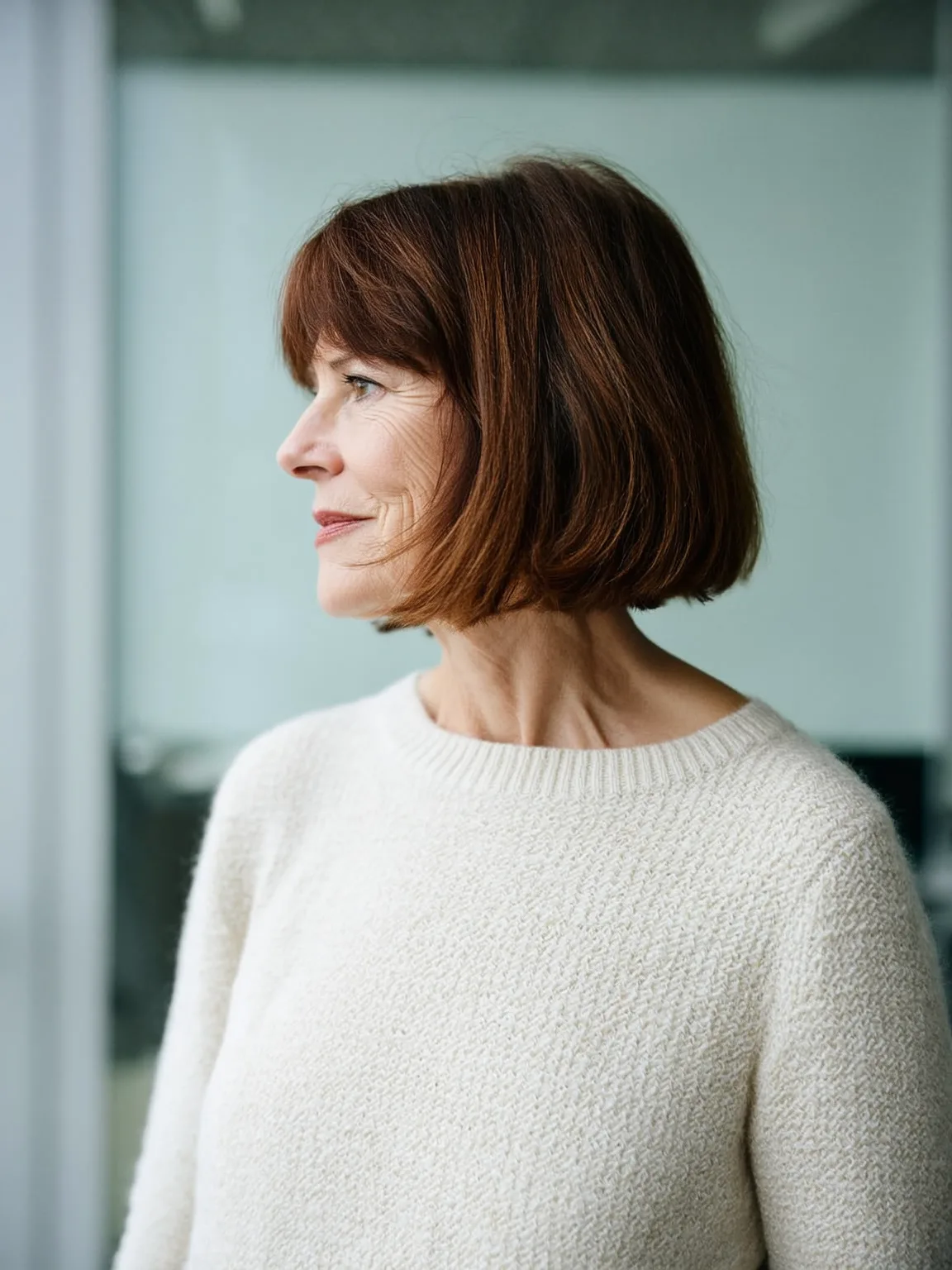Rich Chestnut Bob with Bold Blunt Bangs