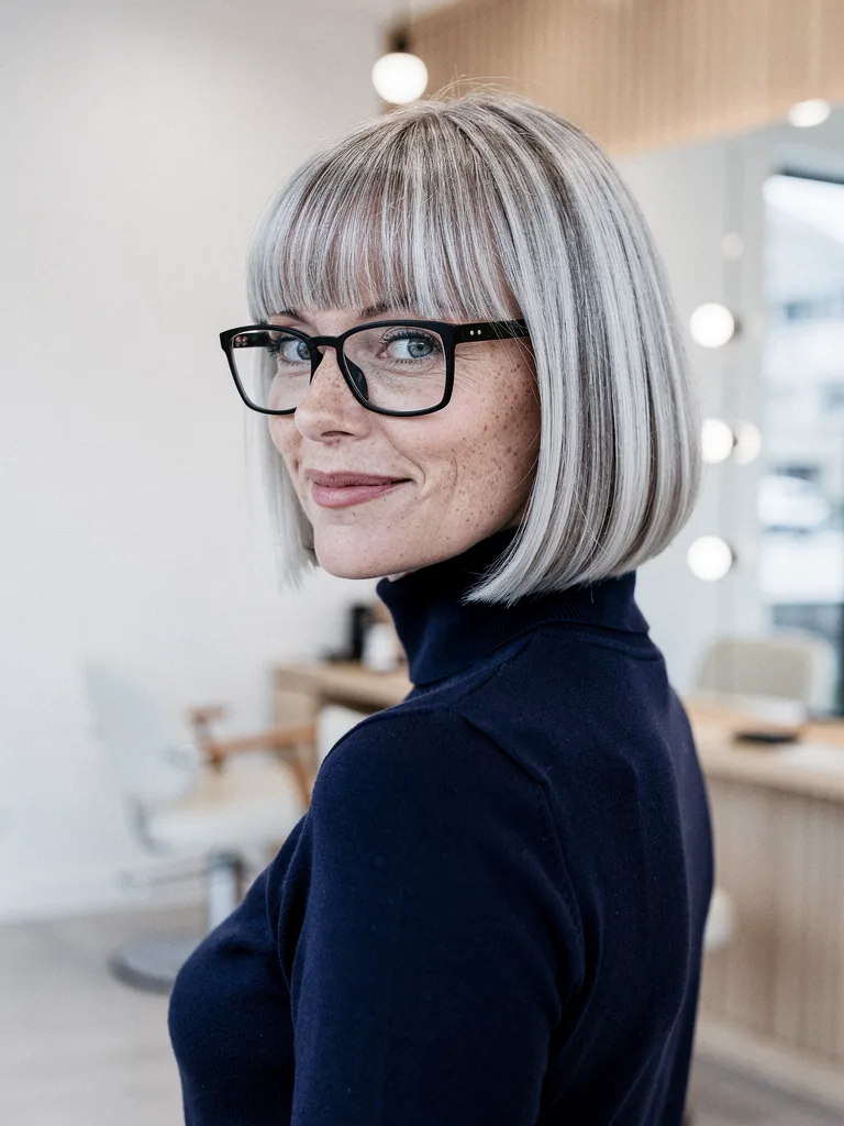 Blow-Dried Silver Frost Bob with Bold Blunt Bangs