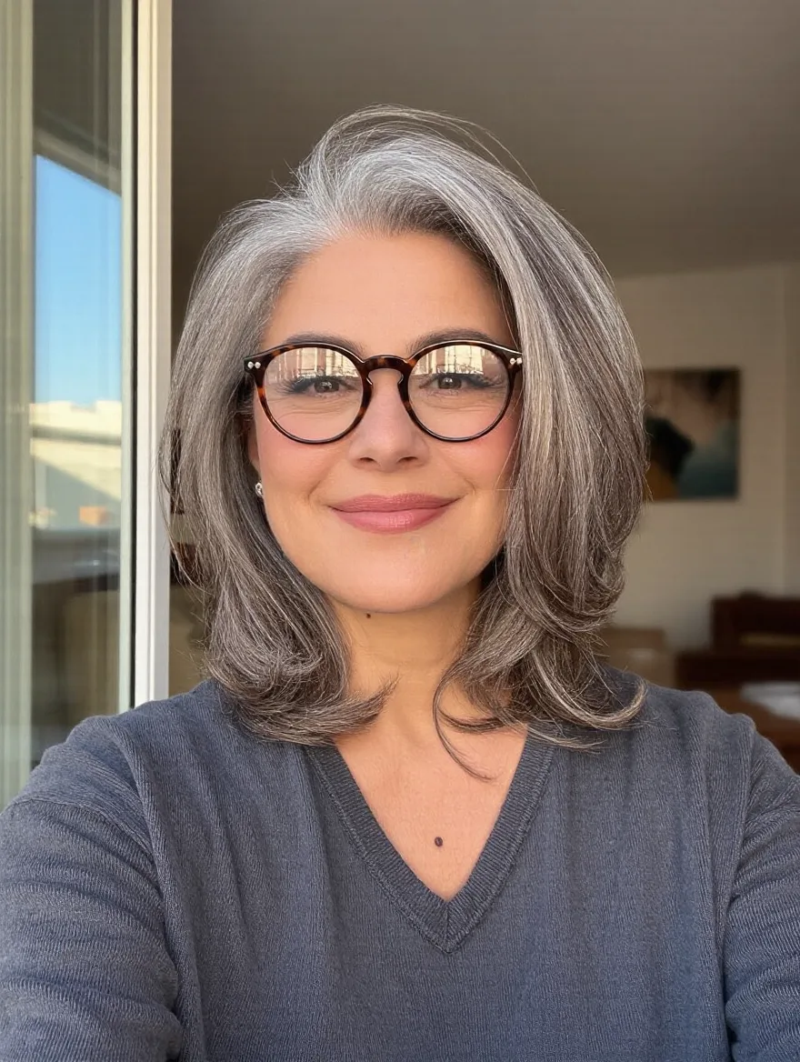 Shoulder-Length Silver Gray Layers with Natural Variations