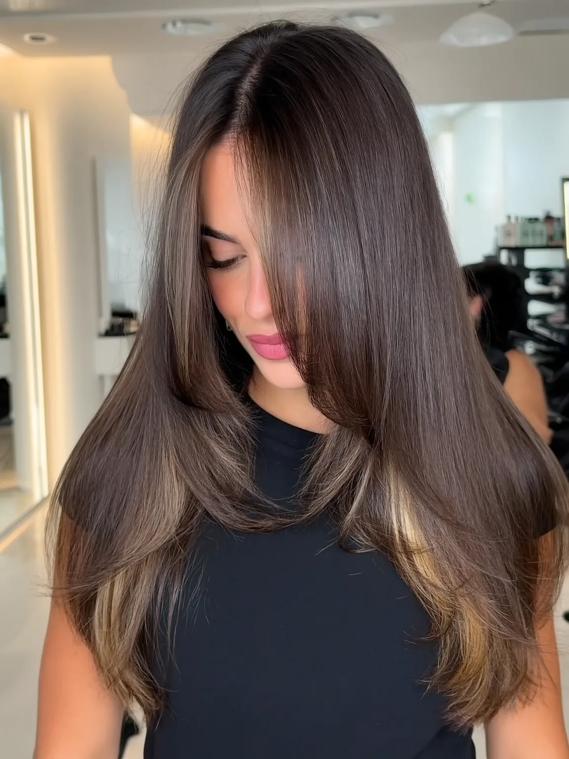 Long Chocolate Brown Layers with Blonde Highlights and Long Bangs
