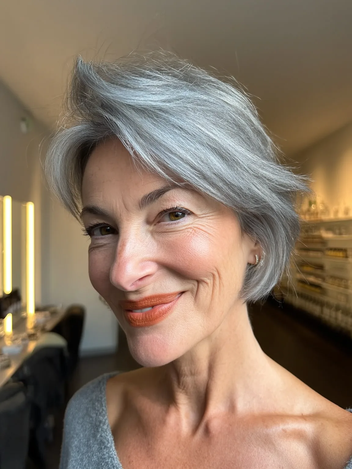 Blow-Dried Silver Frost Pixie with Side-Swept Bangs