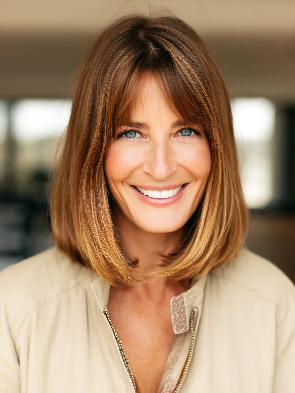 Warm Caramel Lob with Curtain Bangs and Soft Volume