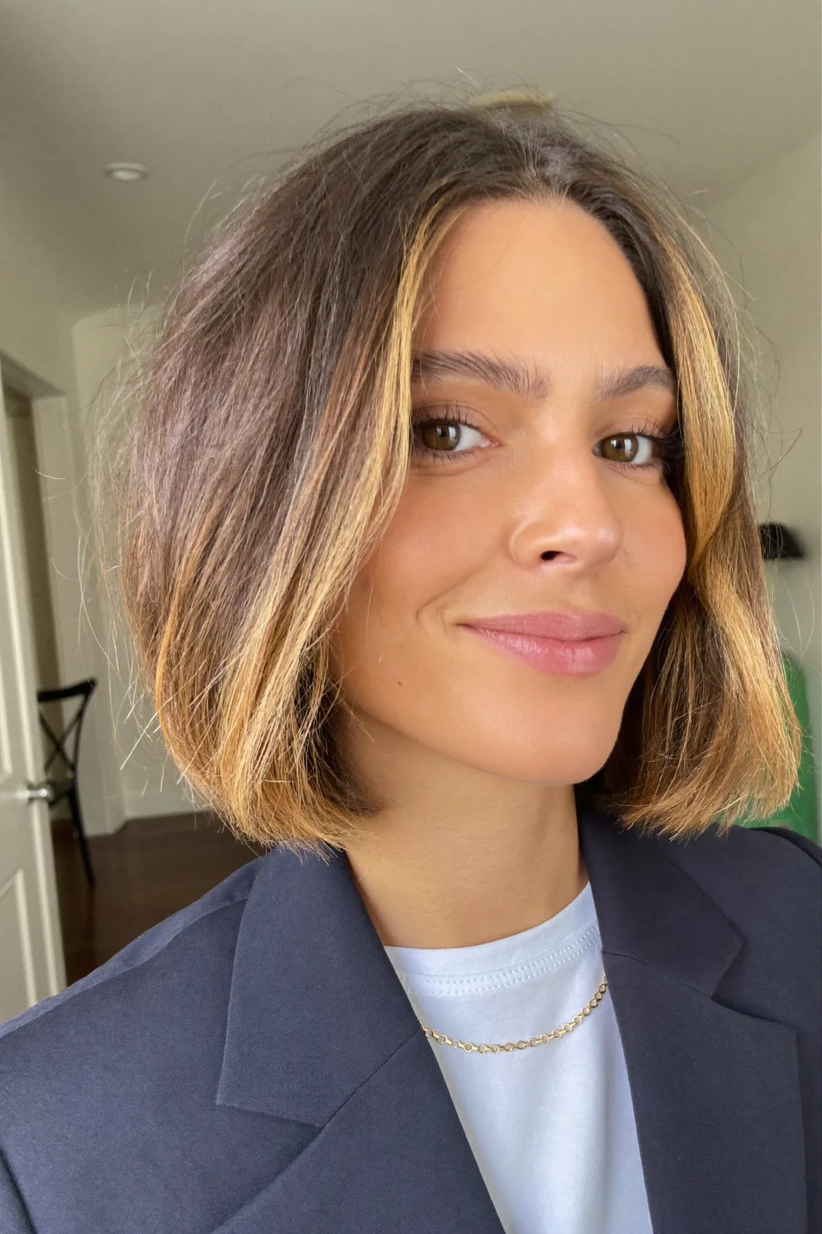 Chin-Length Sleek Straight Bob with Caramel Bronde Balayage