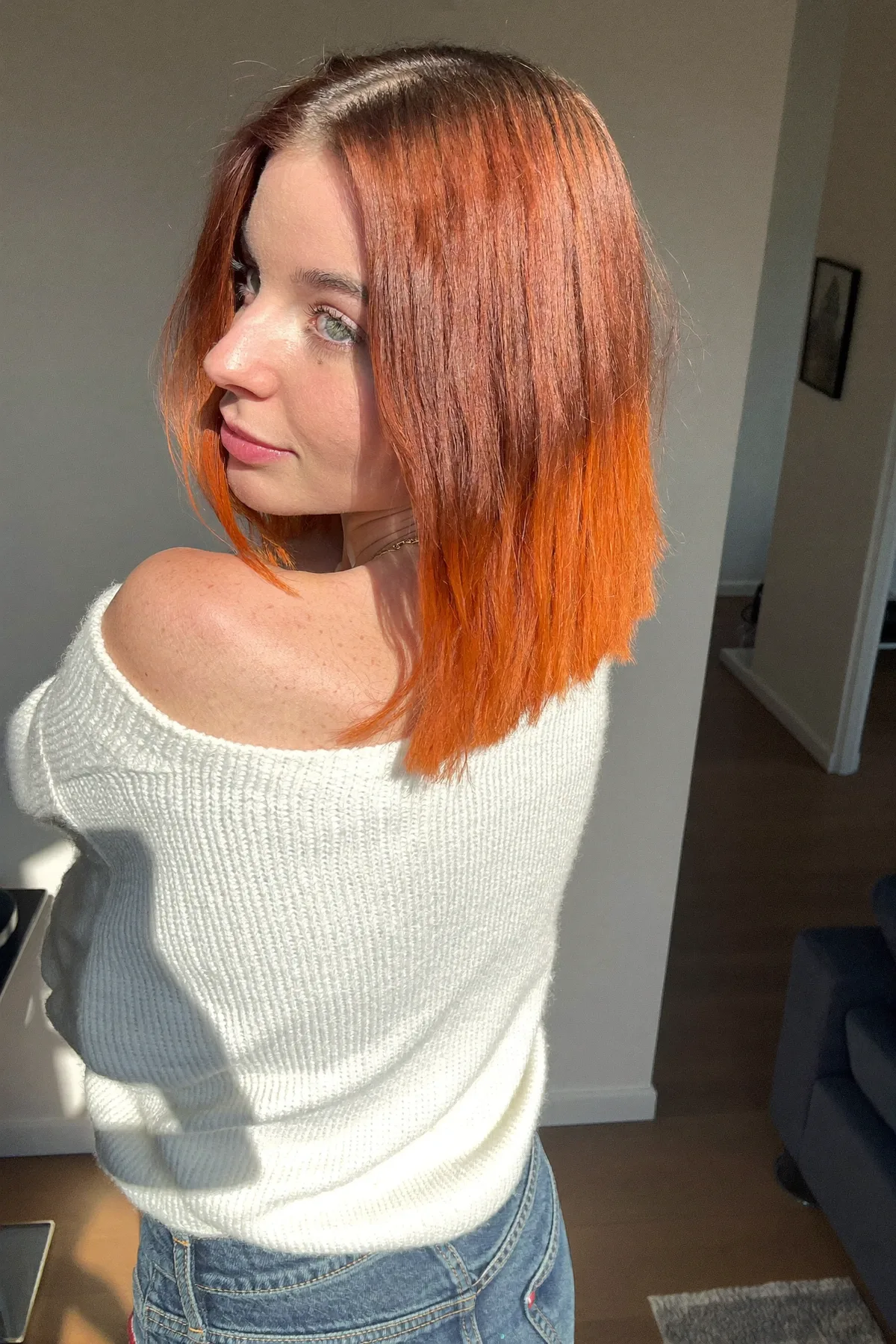 Sleek Straight Shoulder-Length Lob in Vivid Red Burgundy