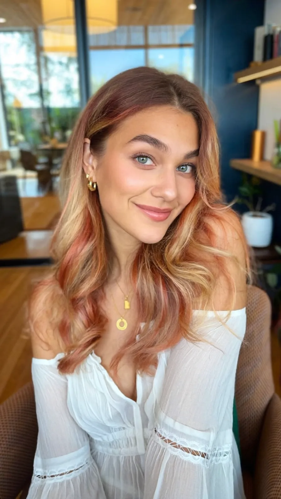 Soft Wavy Long Layers with Warm Strawberry Blonde Balayage