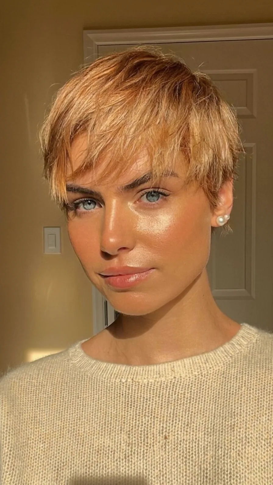Textured Side-Swept Choppy Pixie with Strawberry Blonde Hue