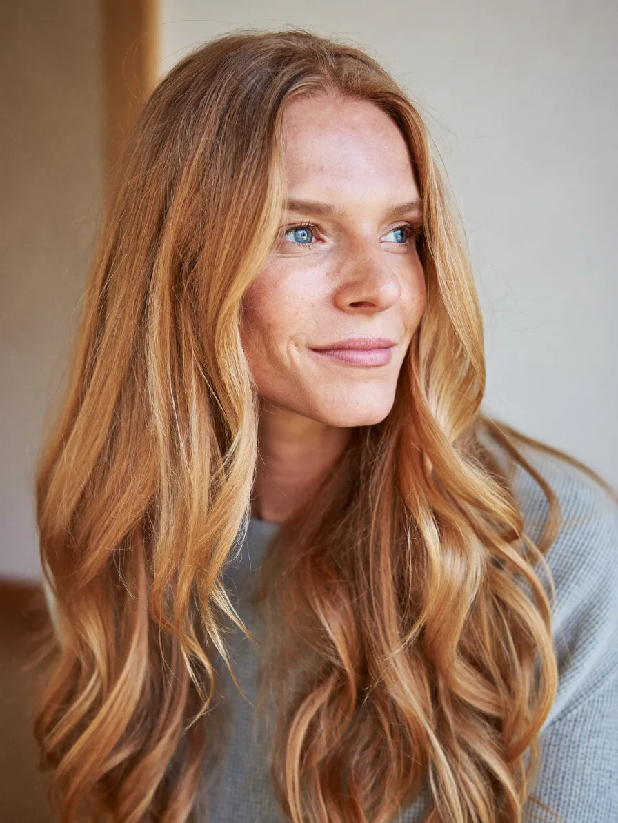 Soft Long Layered Hair with Warm Strawberry Blonde Balayage