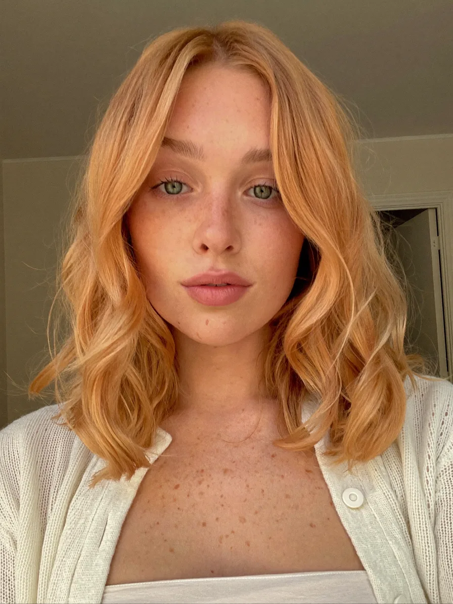 Soft Shoulder-Length Strawberry Blonde Hair with Curtain Bangs