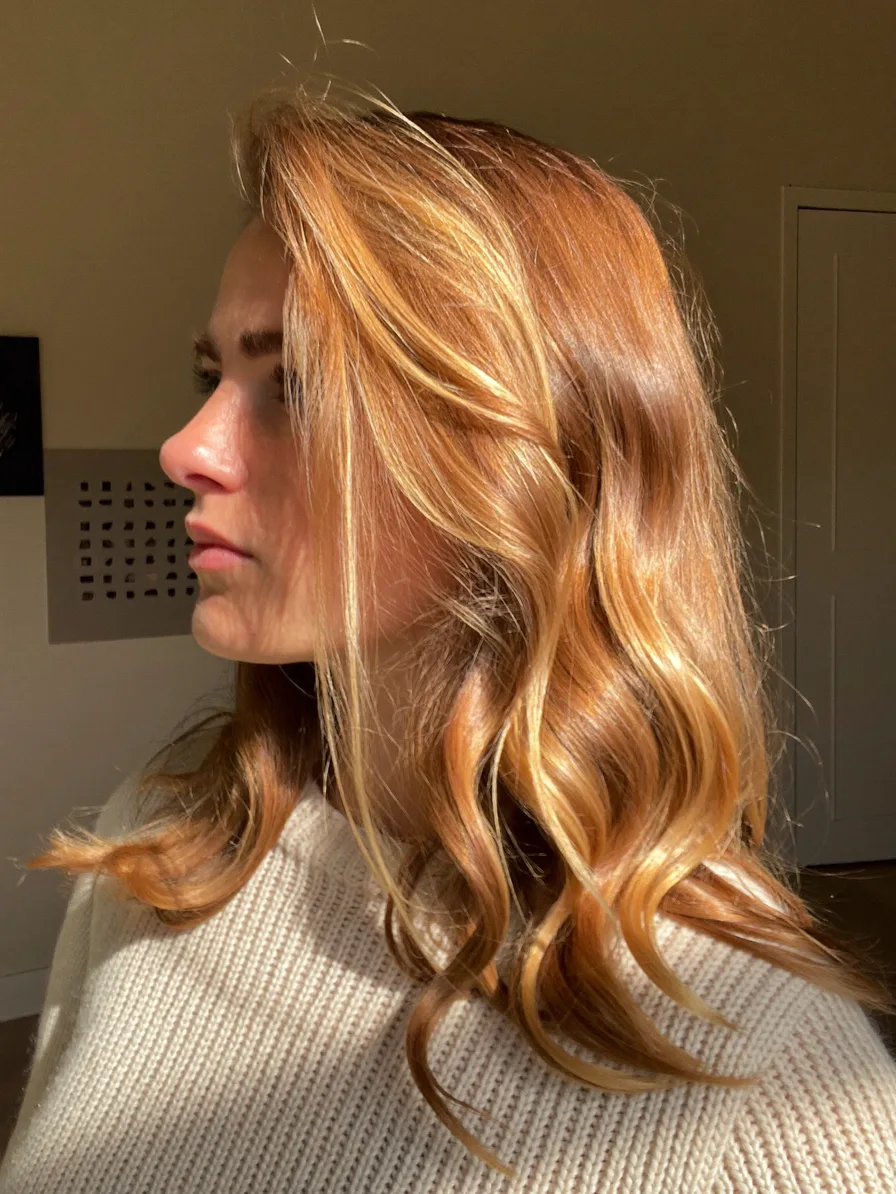 Medium Length Wavy Strawberry Blonde Long Layered Hairstyle