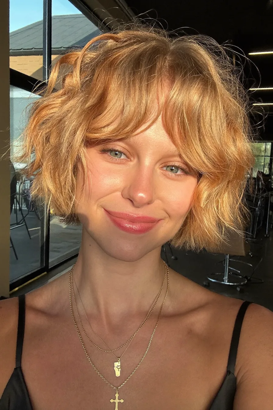 Chin-Length Wavy Textured Bob with Subtle Curtain Bangs