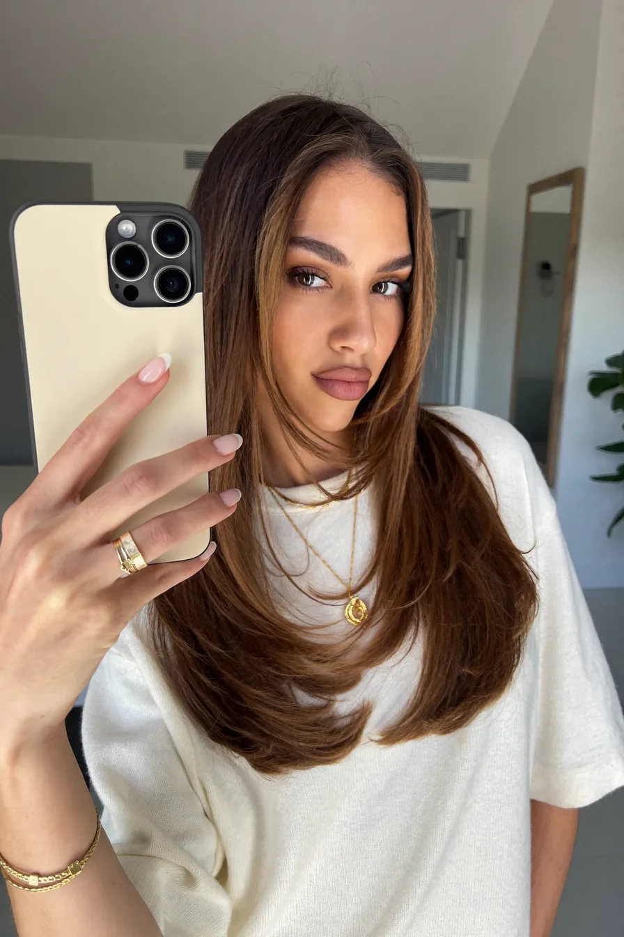 Polished Center-Parted Straight Long Layered Haircut with Face-Framing Layers