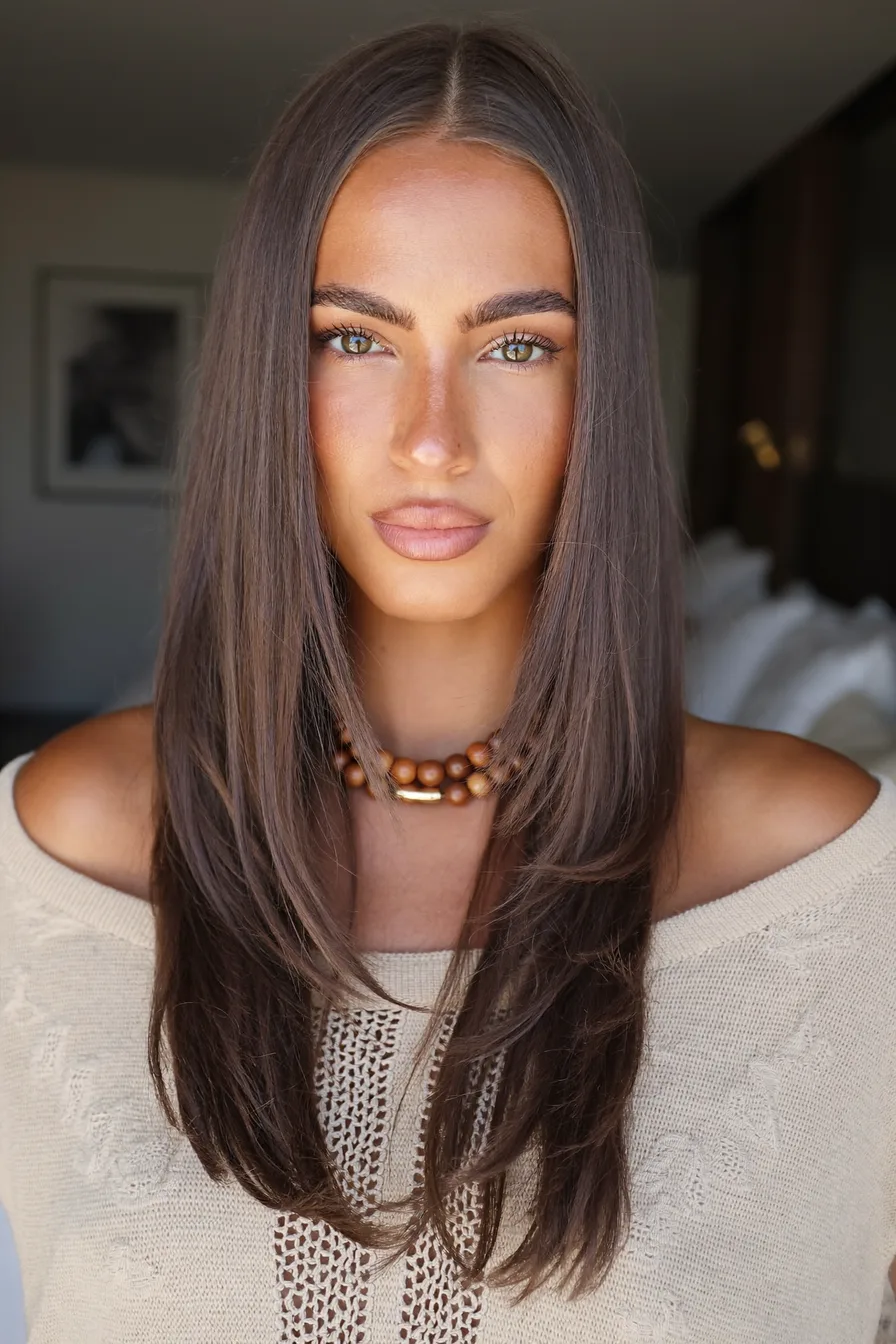 Center-Parted Sleek Straight Long Layered Haircut for Shine