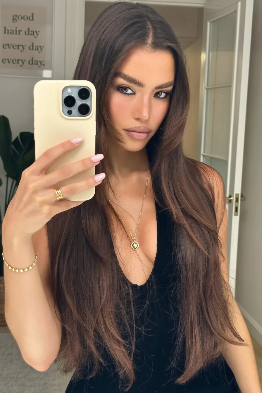 Sleek Center-Parted Straight Long Layered Haircut Elegance