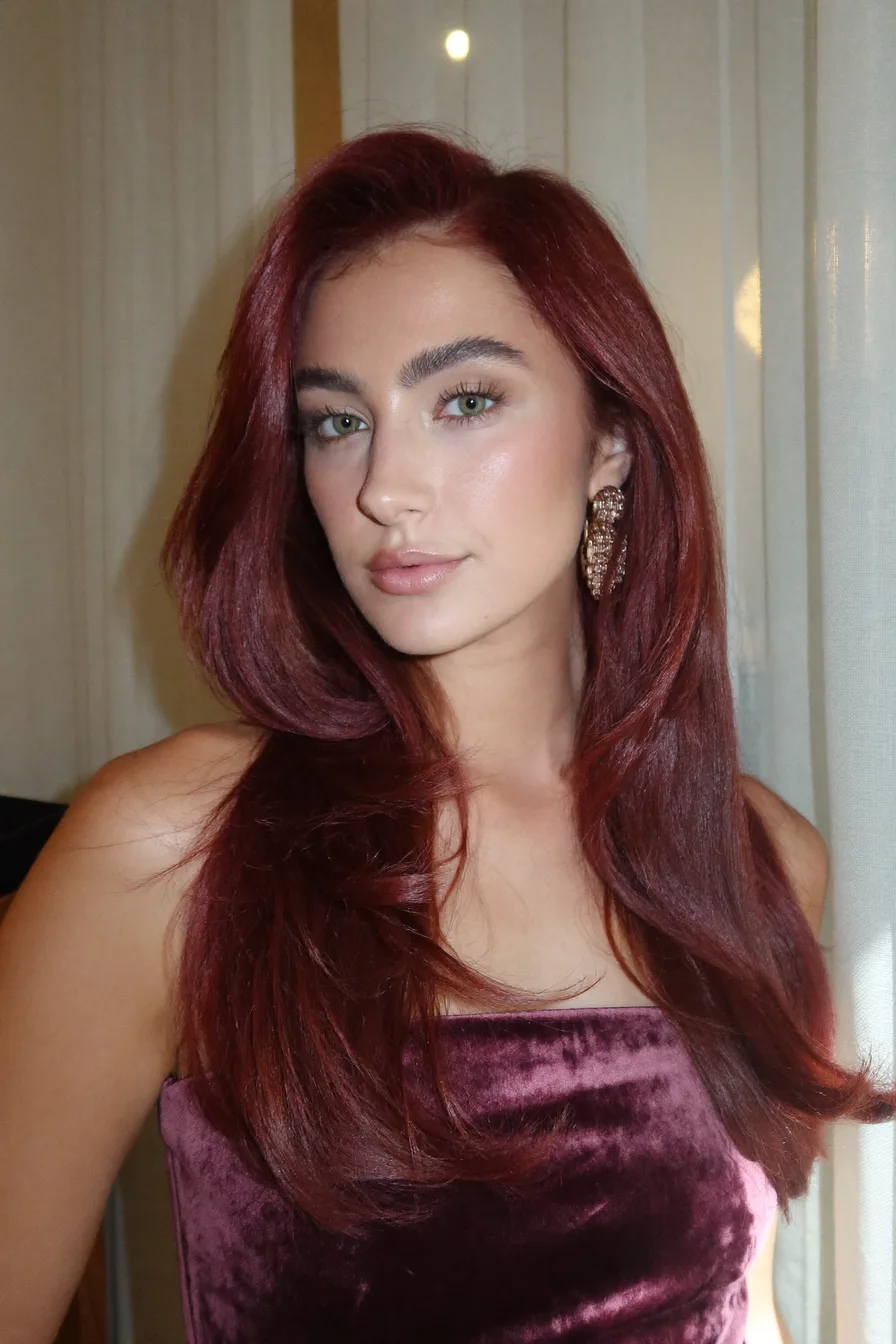 Glossy Cherry Red Straight Long Layered Hair for Volume