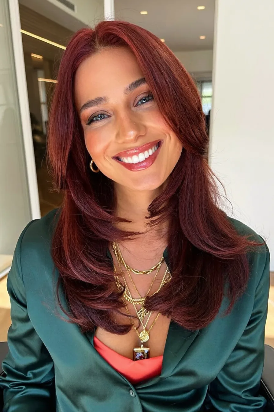Face-Framing Straight Long Layered Cut for Rich Auburn Hair