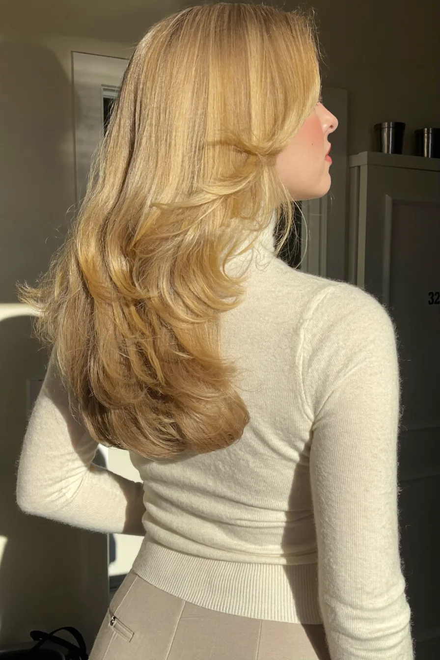 Radiant Blonde Straight Long Layered Haircut with Soft Flicks