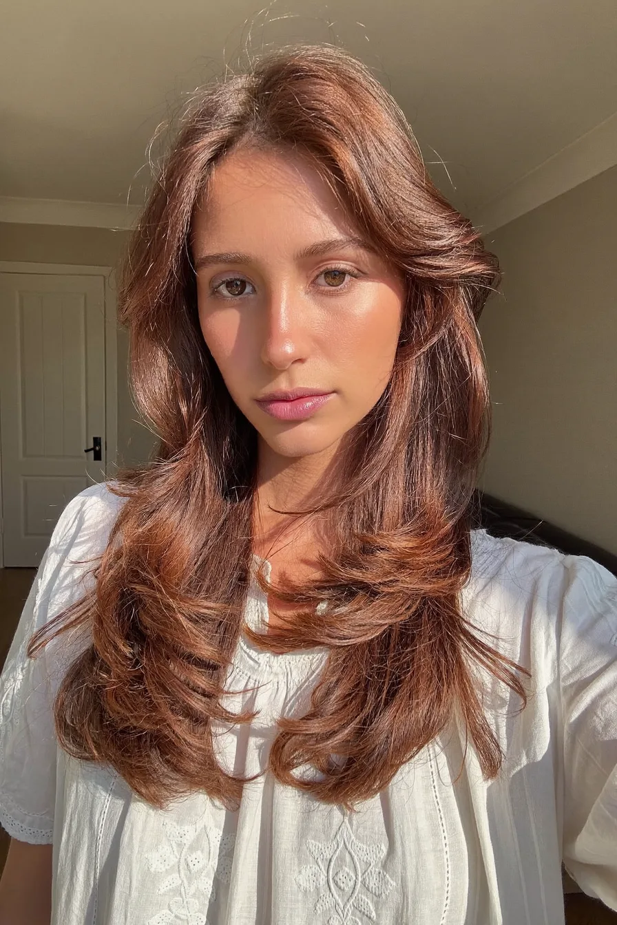 Sleek Chestnut Straight Long Layered Hair with Face-Framing Ends