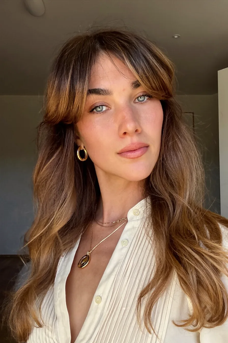 Layered Curtain Bangs on Caramel Brown Shoulder-Length Hair