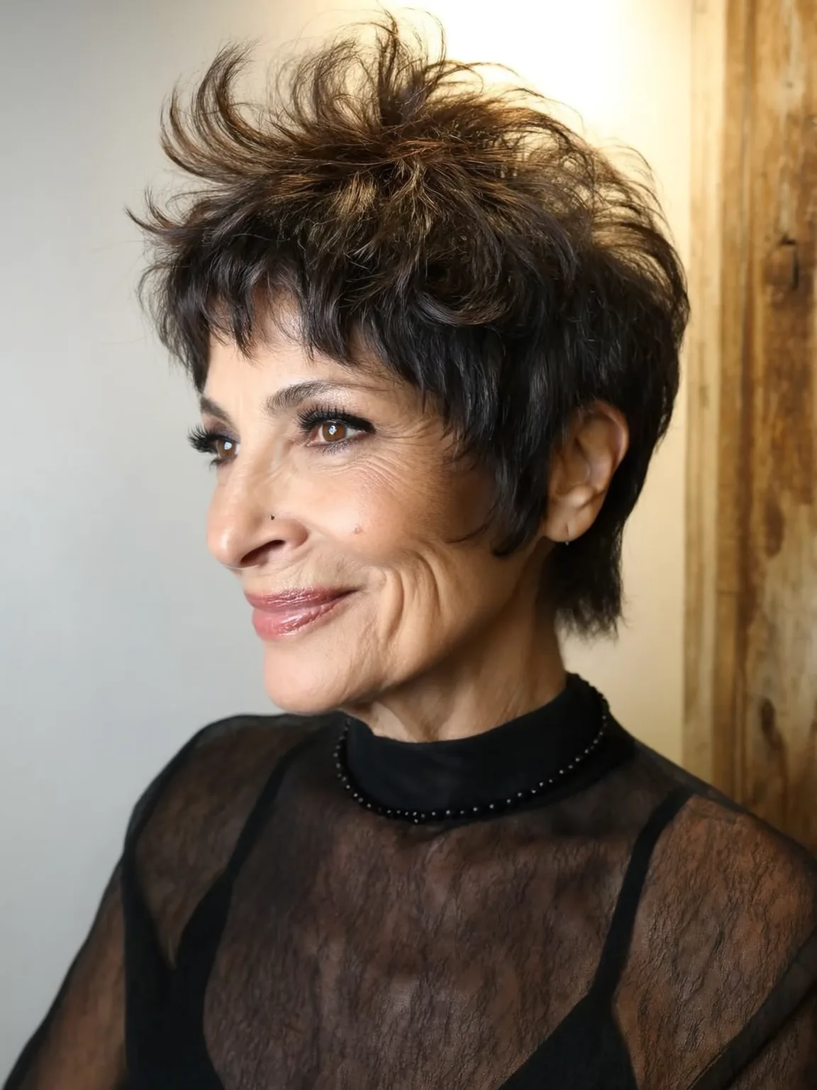 Smoky Charcoal Brown Wavy Pixie with Wispy Bangs