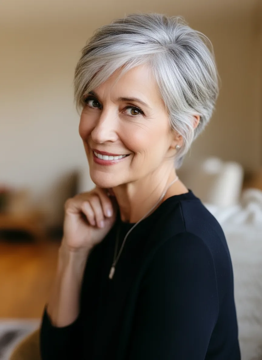 Natural Grey Toned Silver Pixie with Medium Volume