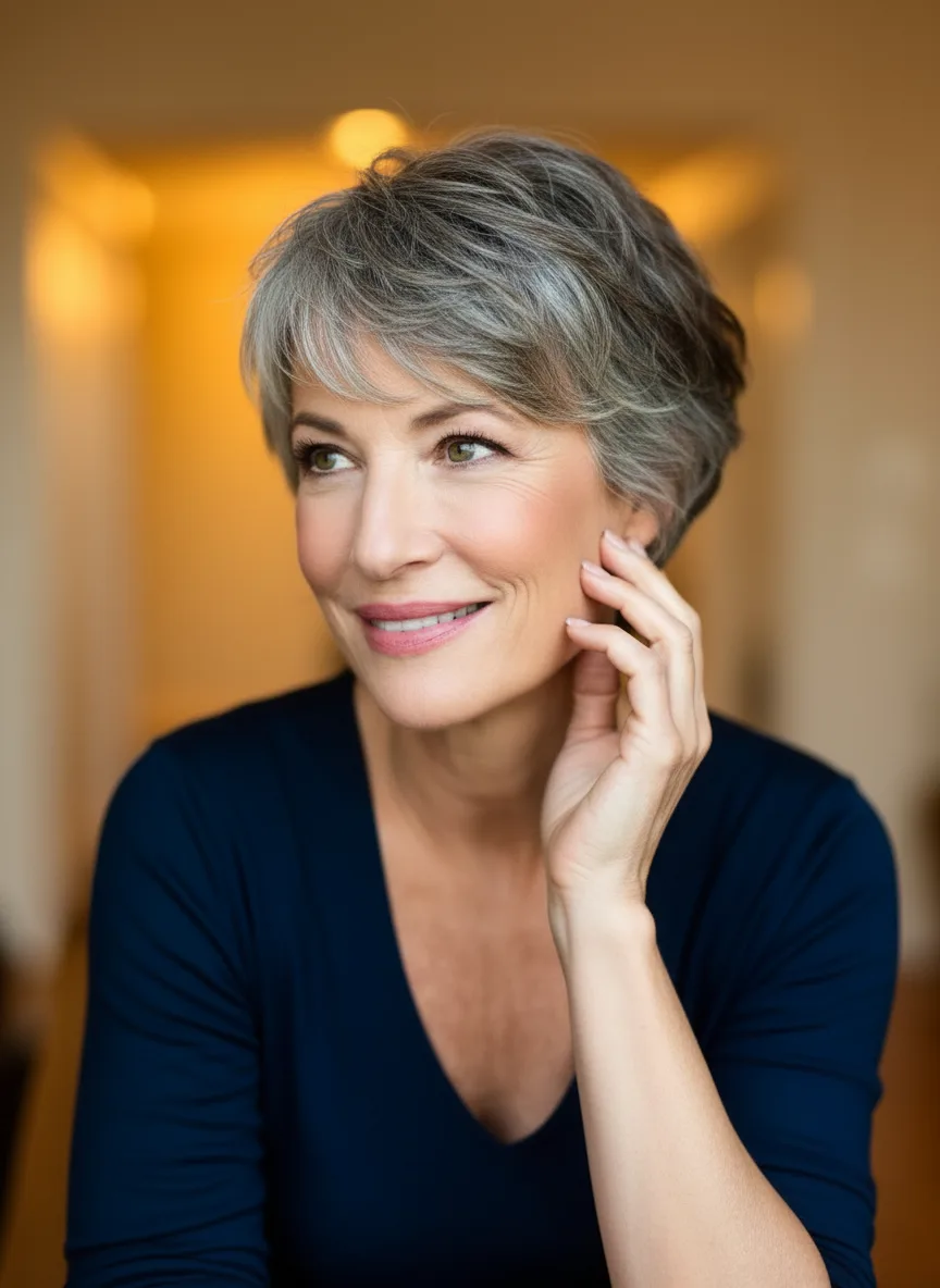 Natural Wavy Silver Grey Pixie with Side Bangs
