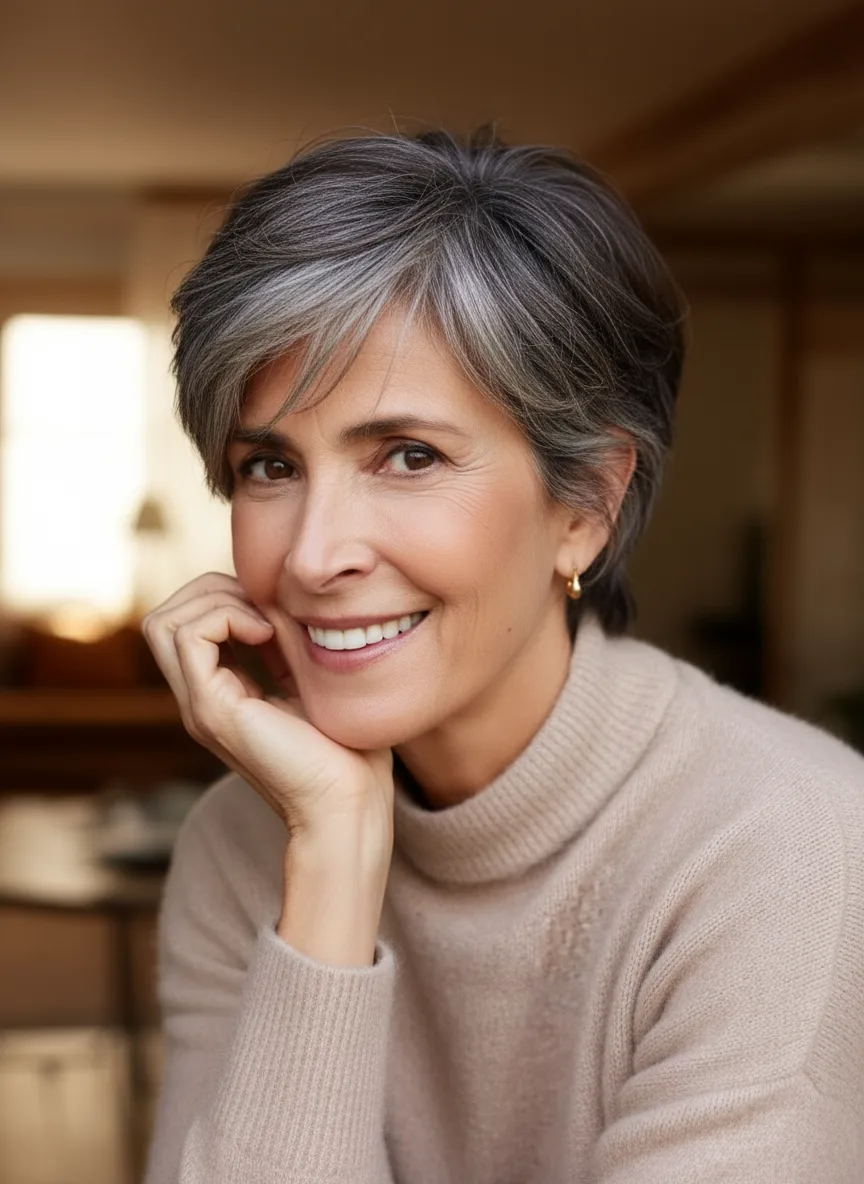 Salt-and-Pepper Straight Pixie with Side-Swept Bangs