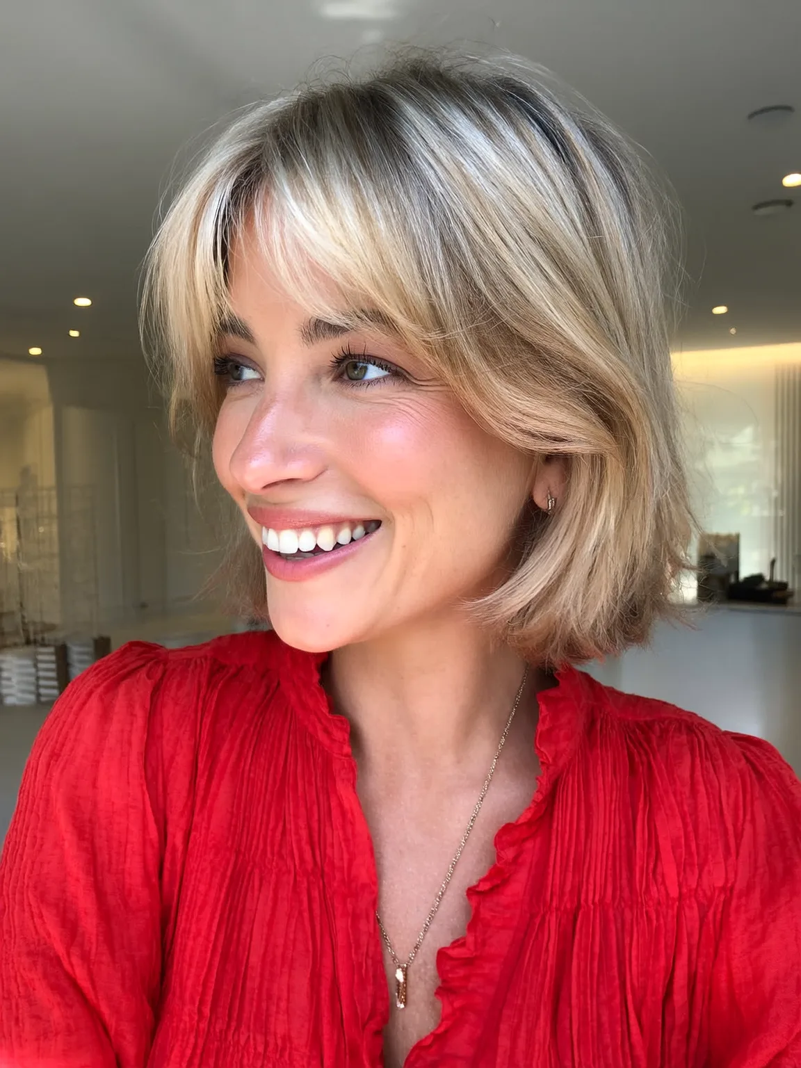 Texturized Sandy Blonde Bob with Curtain Bangs