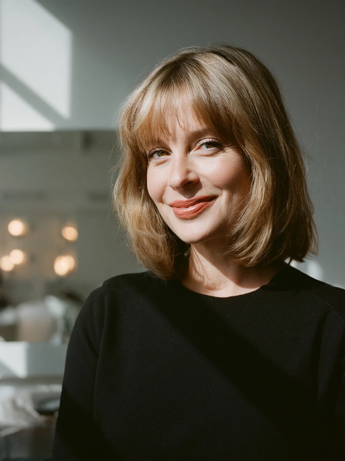 Chin-Length Bob with Wispy Bangs in Honey Blonde