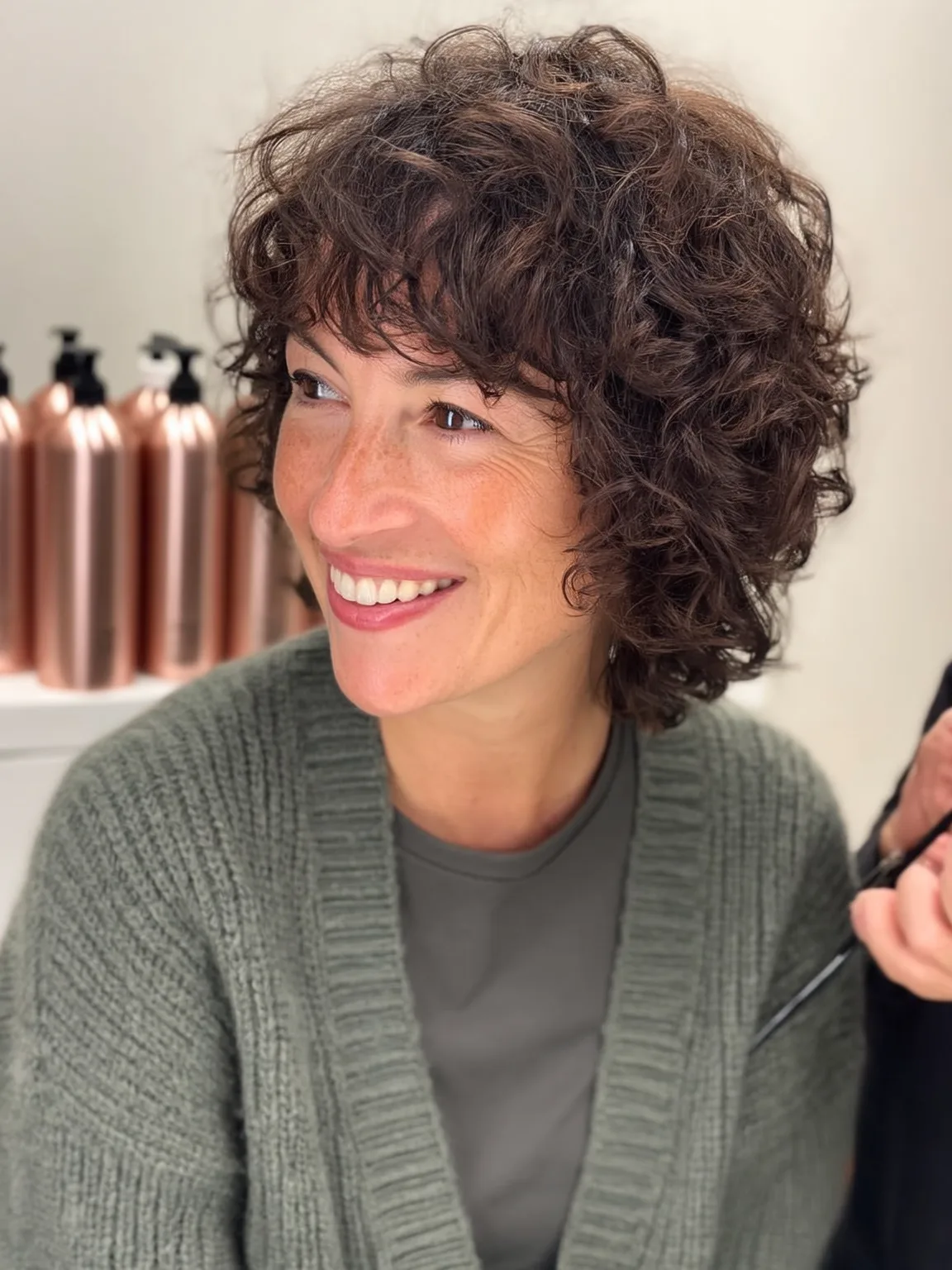 Short Rich Chocolate Brown Curly Shag with Wispy Bangs