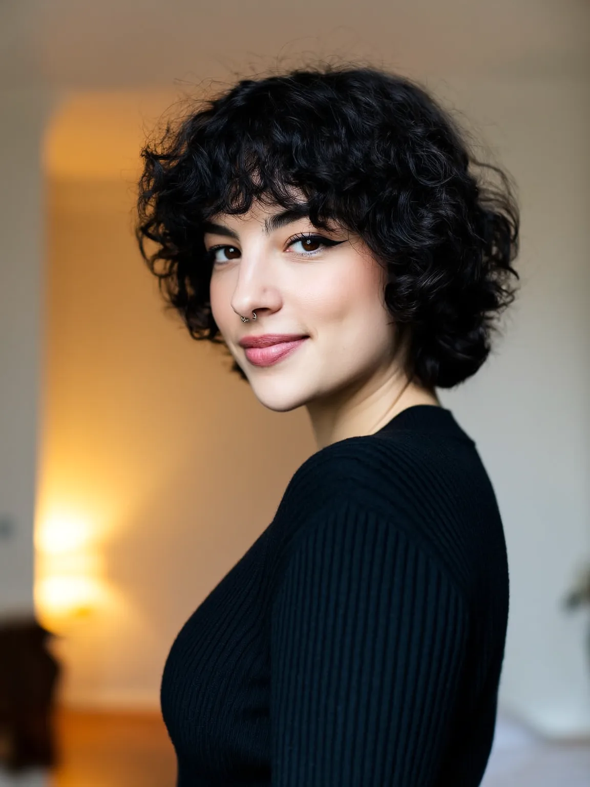 Deep Espresso Black Curly Bob with Chic Micro-Bangs