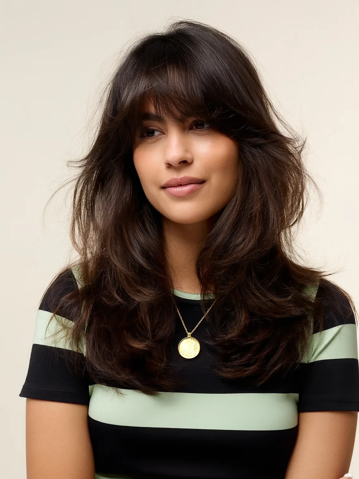 Long Layered Cut with Curtain Bangs in Chocolate Brown