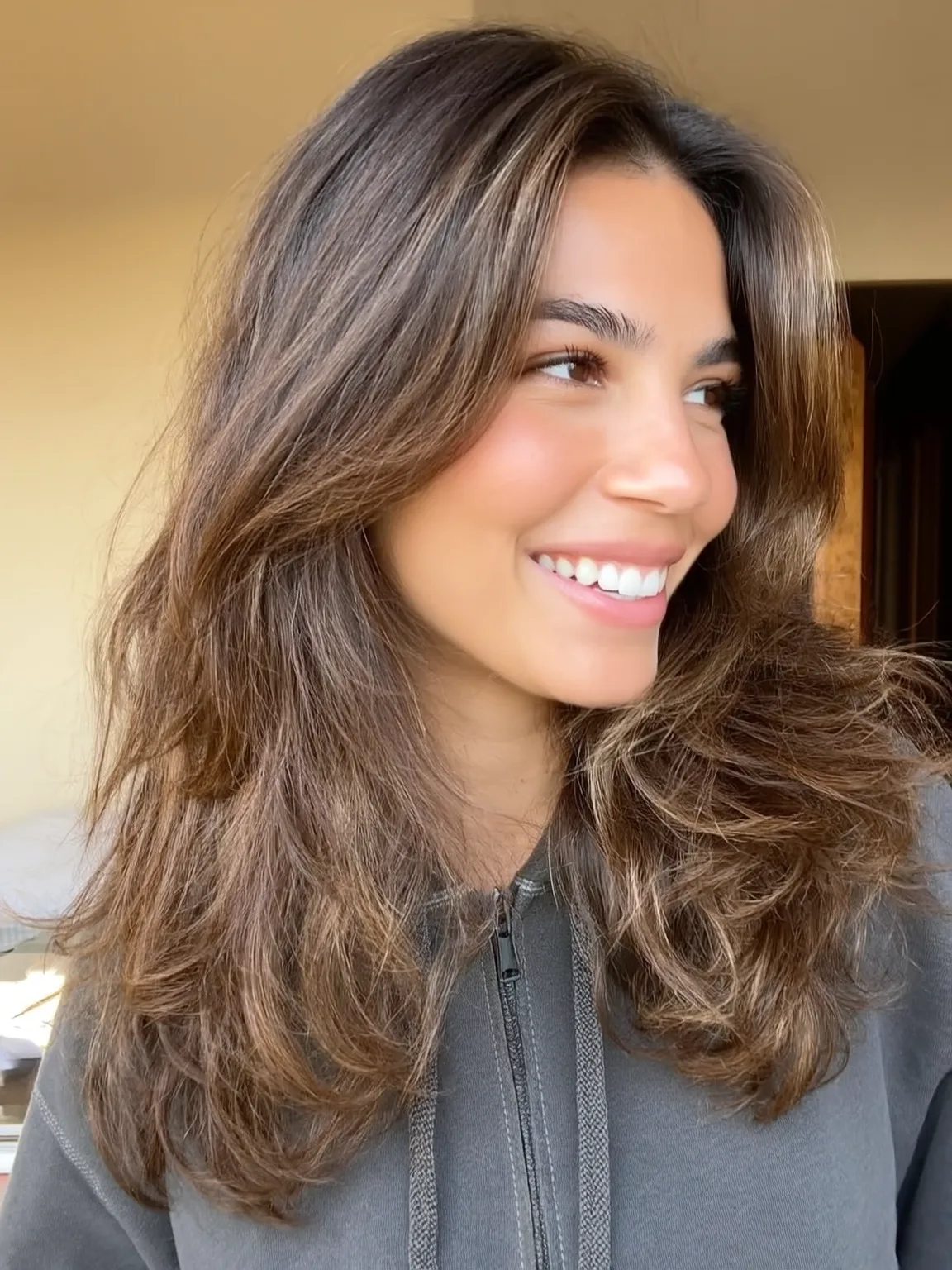 Warm Caramel Brown Voluminous Wavy Layers