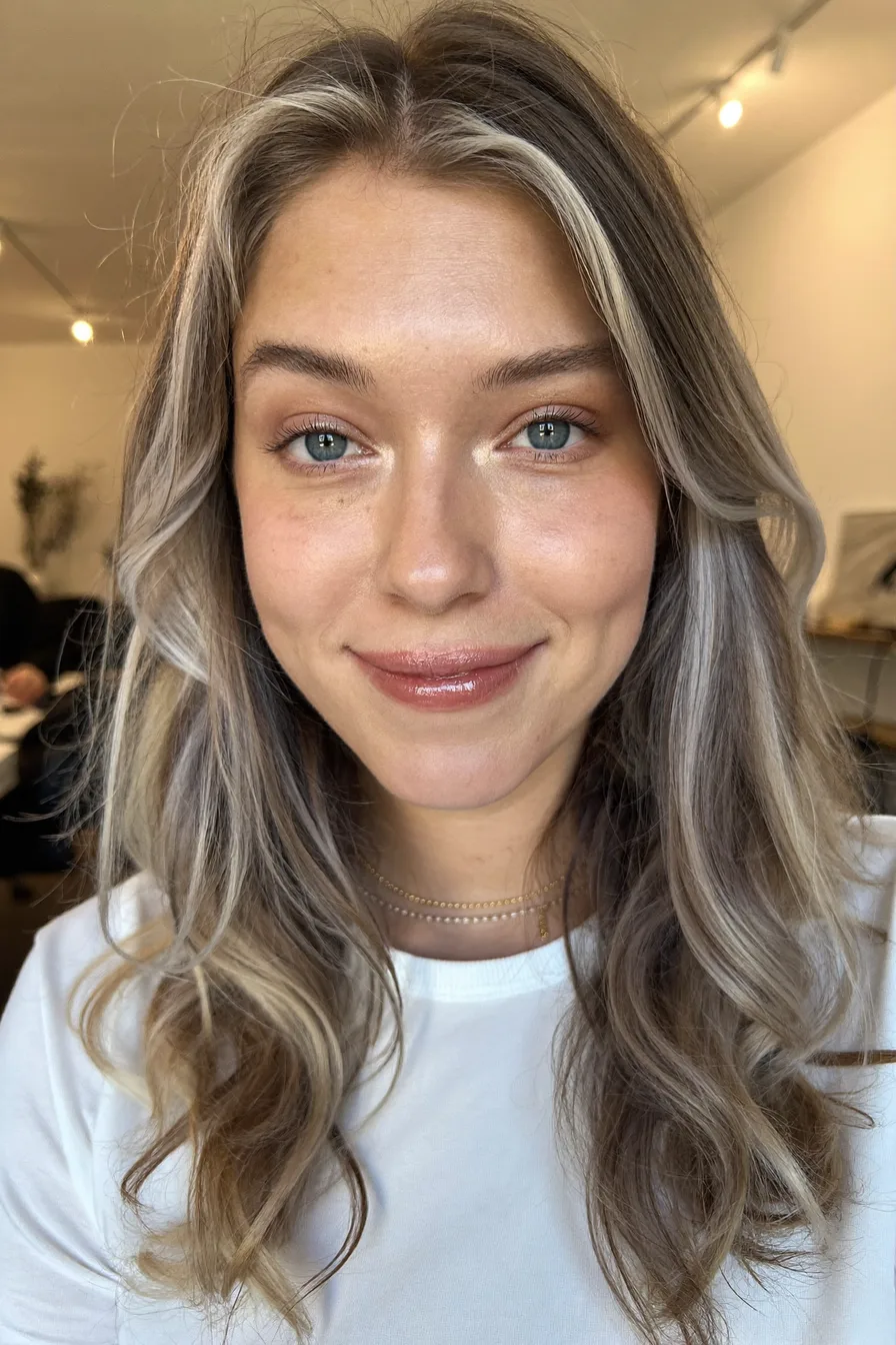 Soft Layered Ash Blonde Shoulder-Length Cut with Face-Framing Highlights
