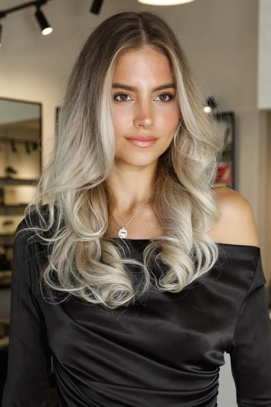 Voluminous Layered Shoulder-Length Ash Blonde Waves with Soft Face-Framing
