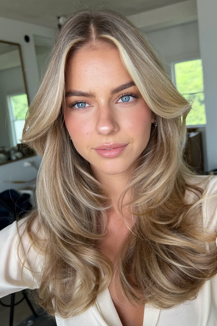 Voluminous Face-Framing Layers on Shoulder-Length Ash Blonde Hair
