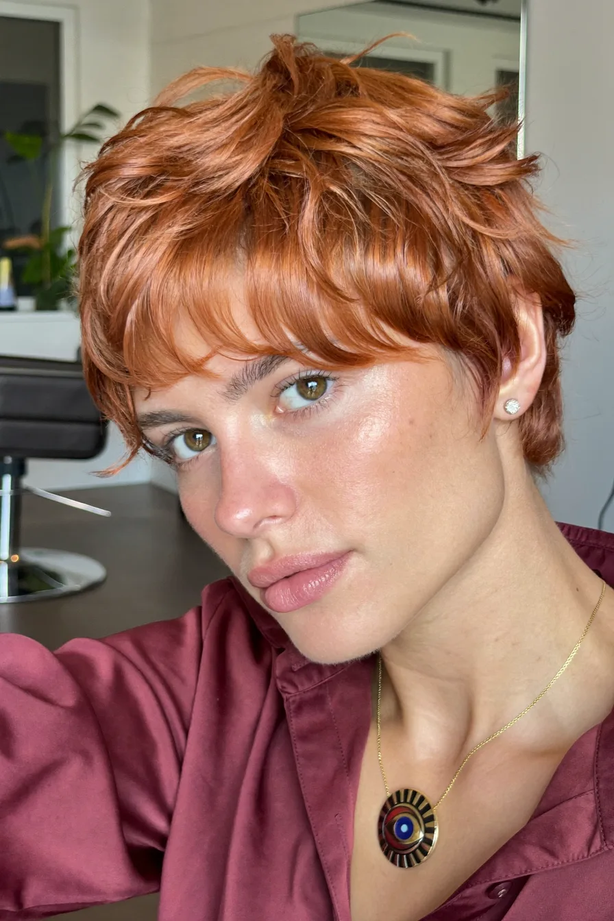 Tousled Textured Copper Pixie with Wispy Bangs