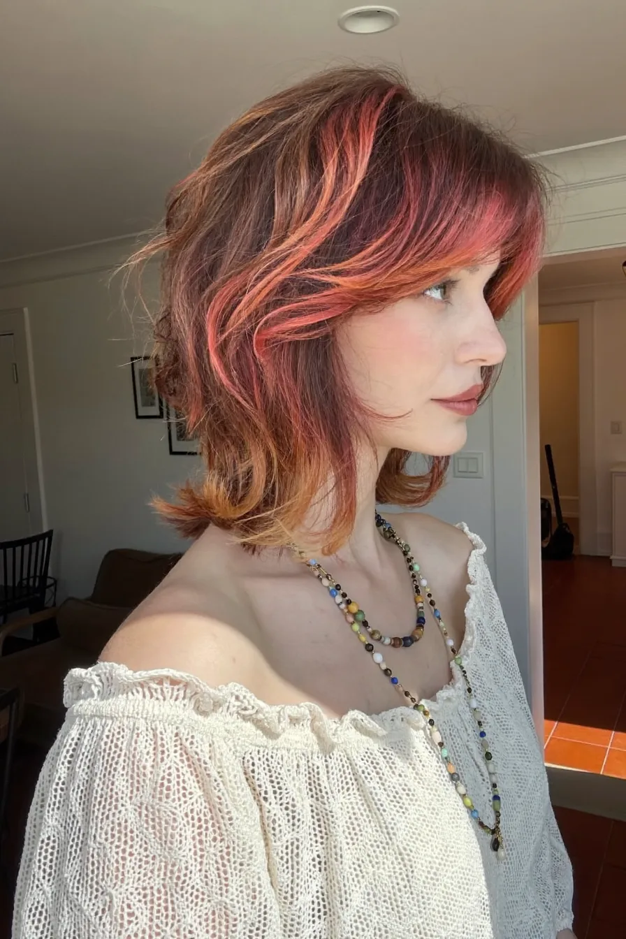Textured Shoulder-Length Shag with Multi-Dimensional Color Accents