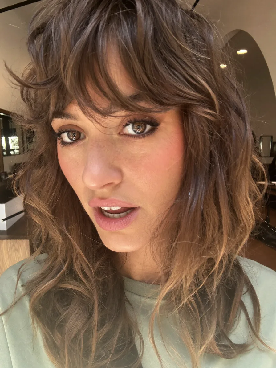 Modern Tousled Long Layers with Curtain Bangs and Balayage Highlights