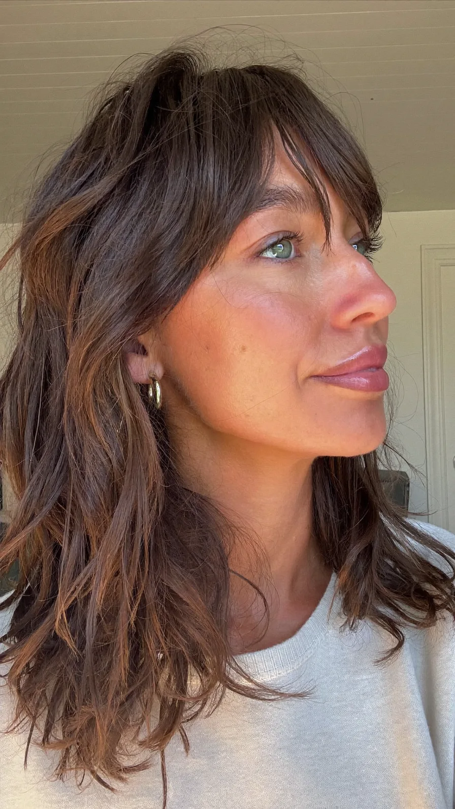 Tousled Shoulder-Length Chestnut Brown Hair with Long Layers