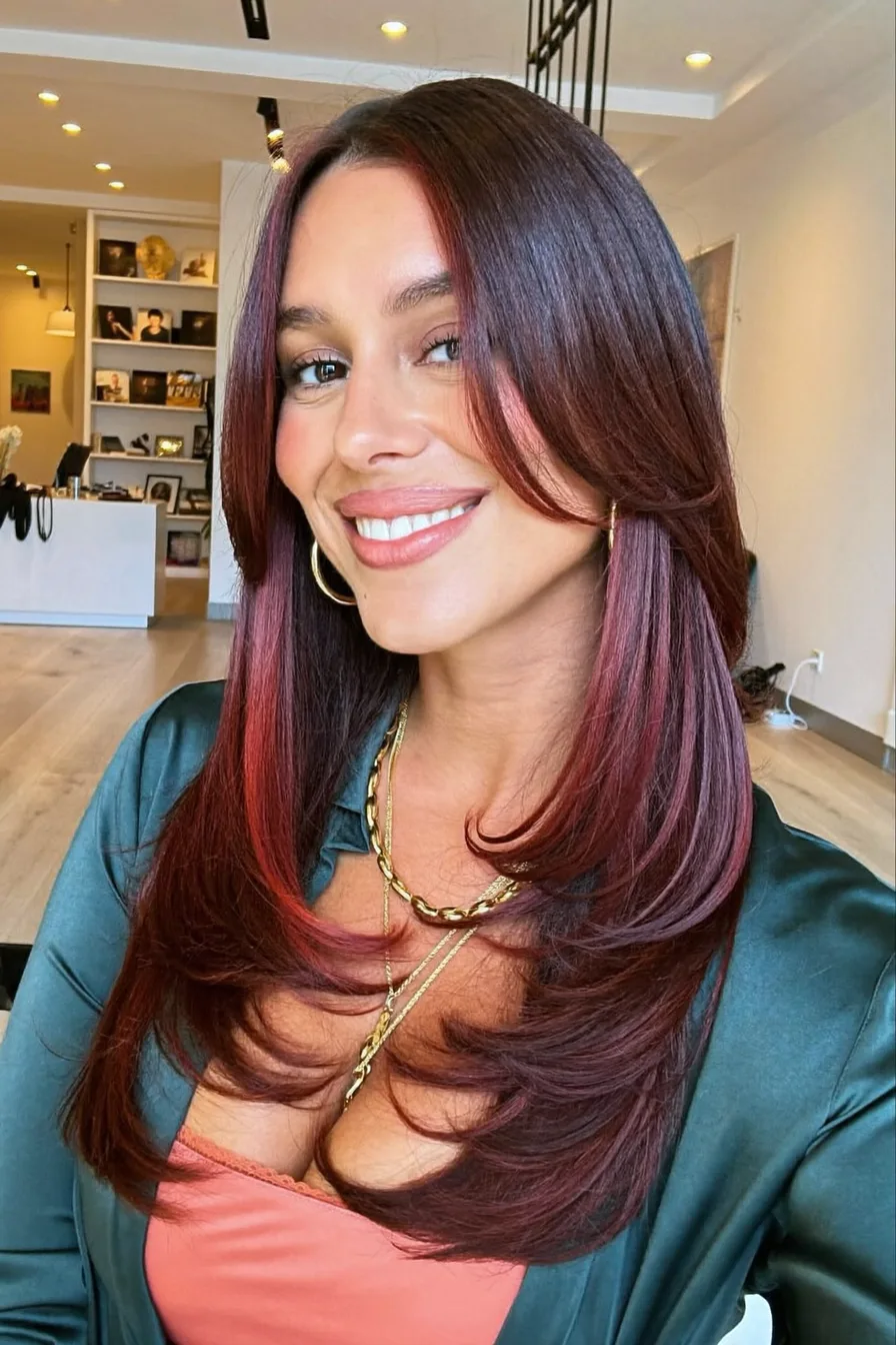 Sleek Straight Long Layered Cut with Voluminous Curtain Bangs