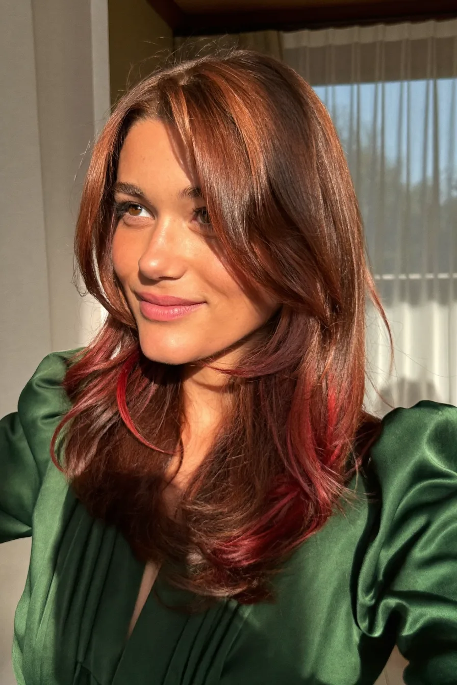 Glossy Straight Long Layered Haircut with Blended Curtain Bangs