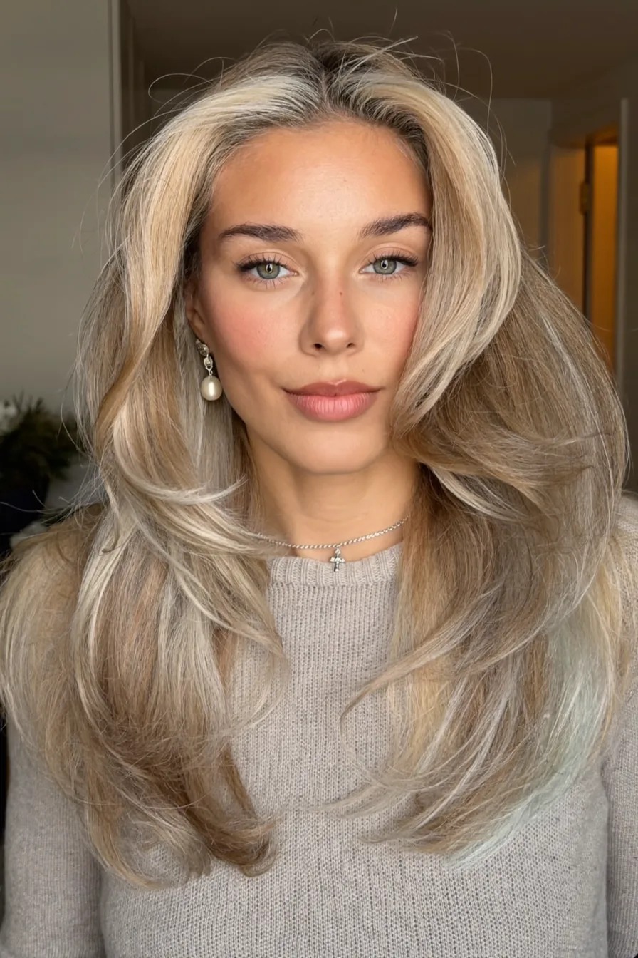 Voluminous Straight Long Layered Haircut with Soft Curtain Bangs