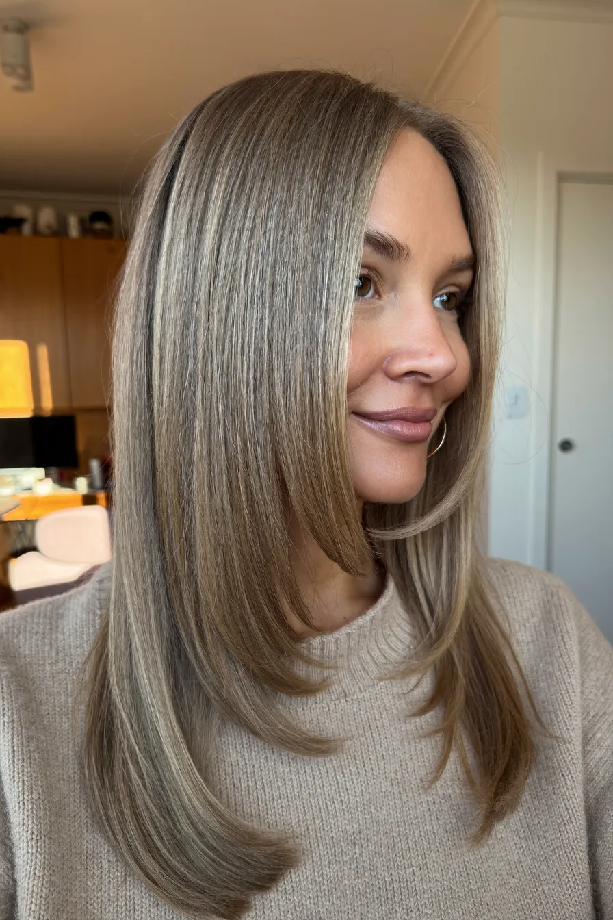 Elegant Straight Long Layered Cut with Soft Curtain Bangs