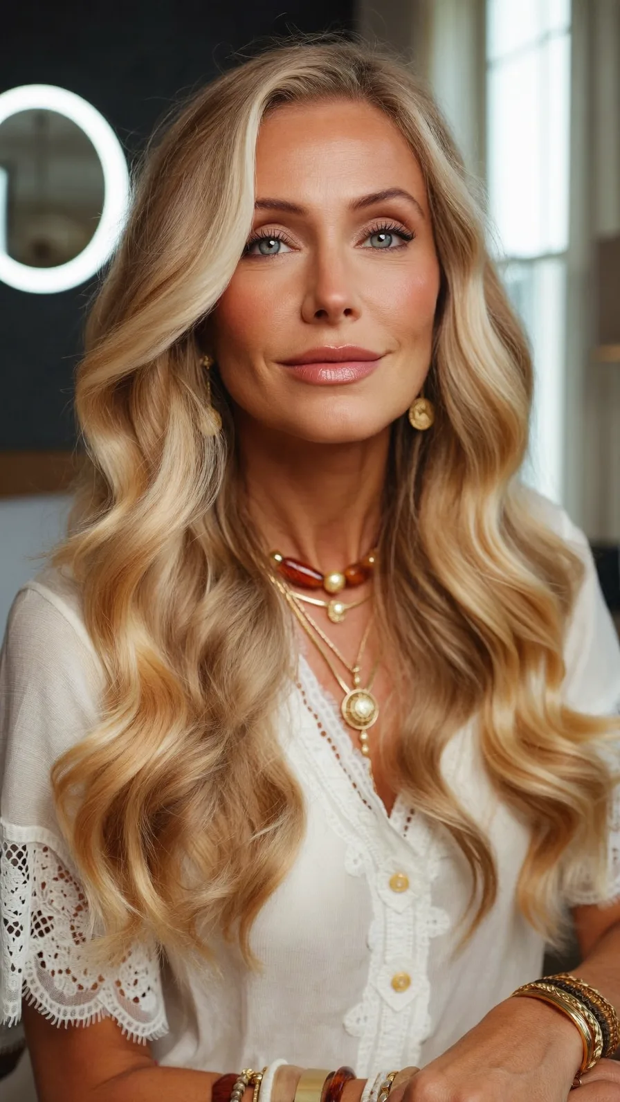 Classic Voluminous Long Layered Honey Blonde Waves Hairstyle