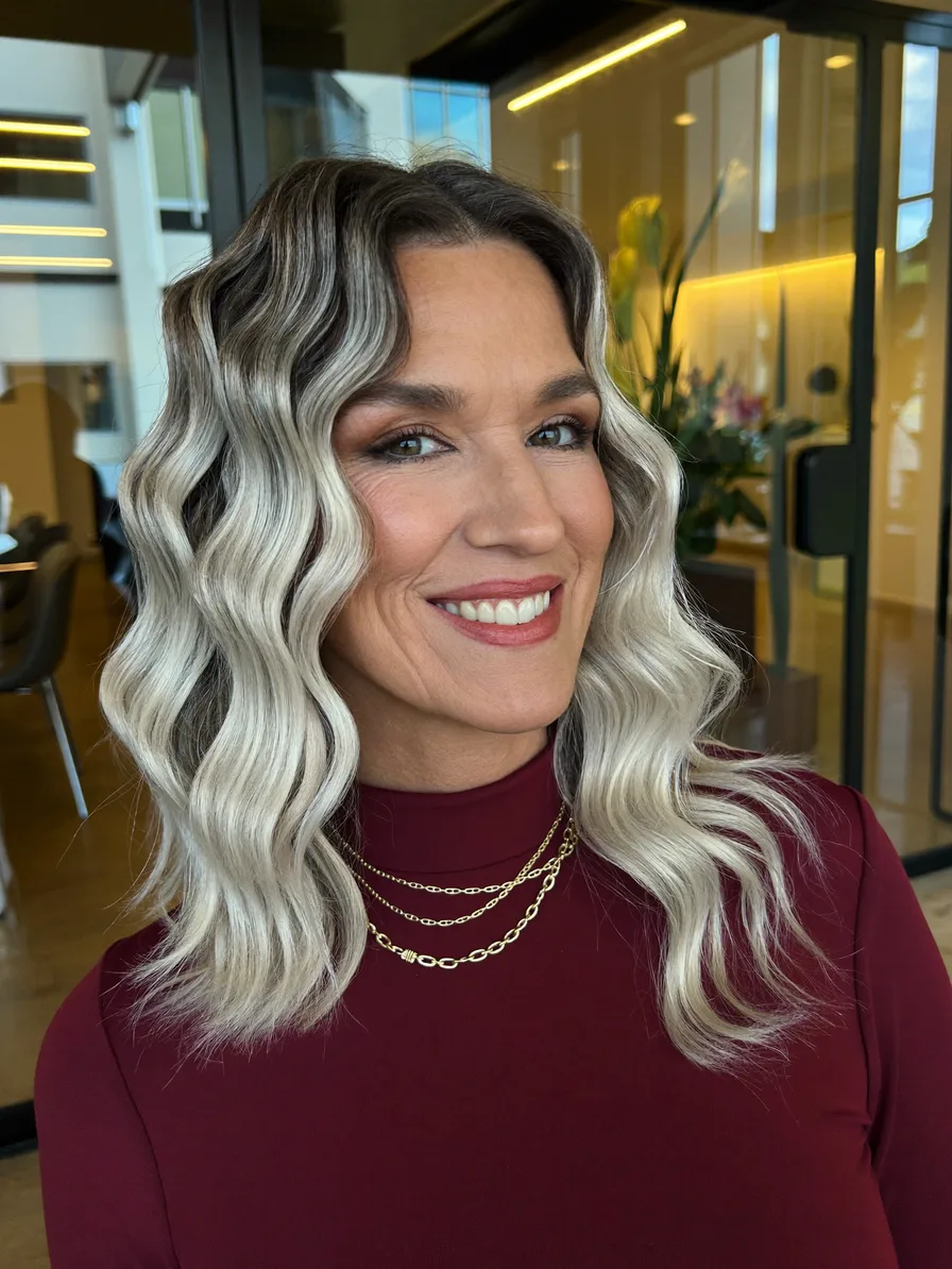 Medium Length Ash Blonde Waves with Balayage Highlights