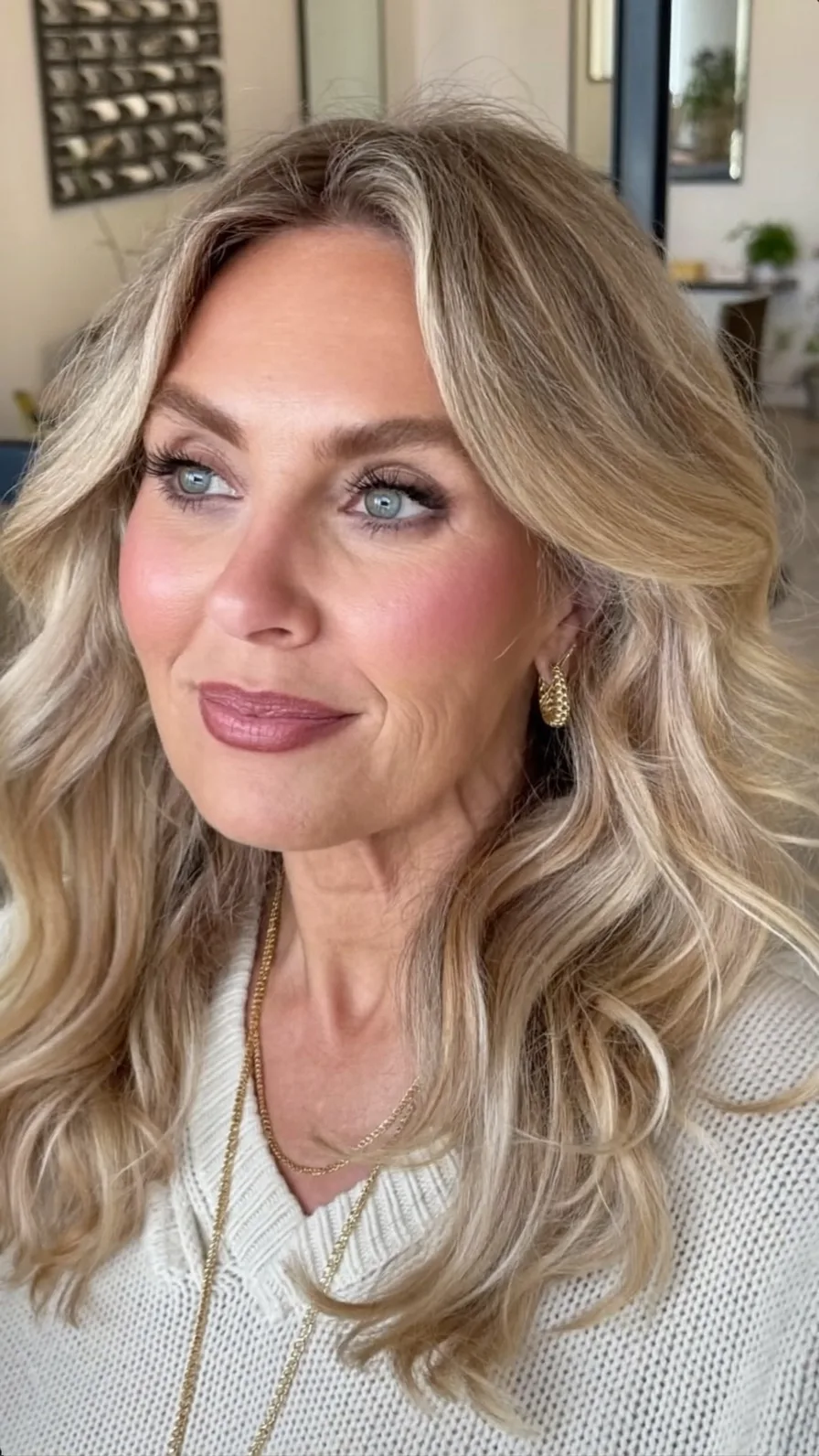 Soft Wavy Long Layers with Curtain Bangs for Mature Women