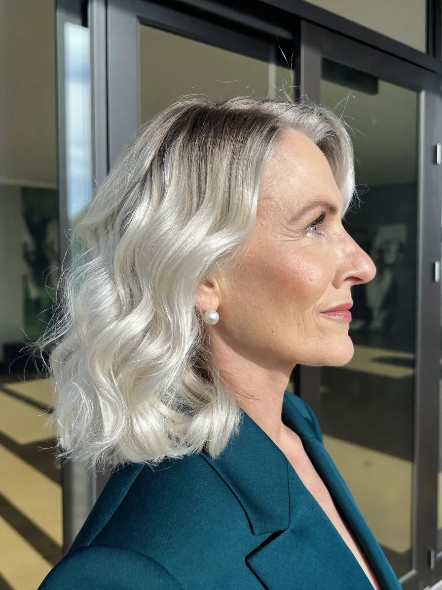 Elegant Shoulder-Length Platinum Blonde Waves with Side Part