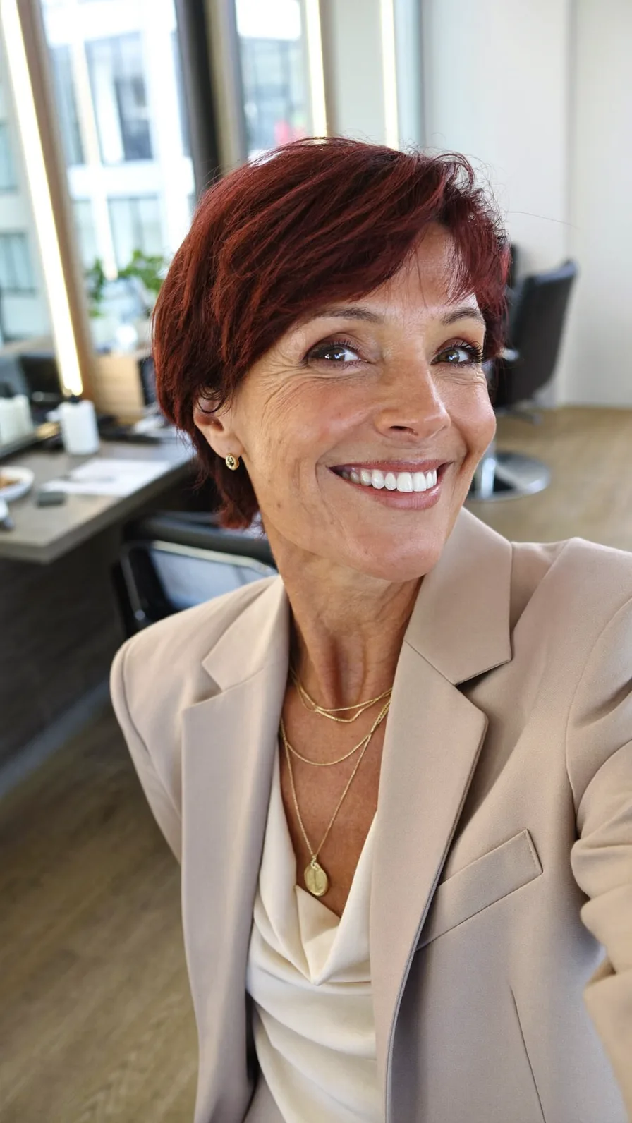 Textured Auburn Layered Short Cut with Side-Swept Bangs