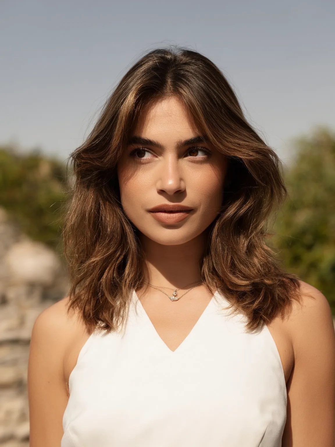 Wavy Lob with Warm Caramel Brown and Curtain Bangs
