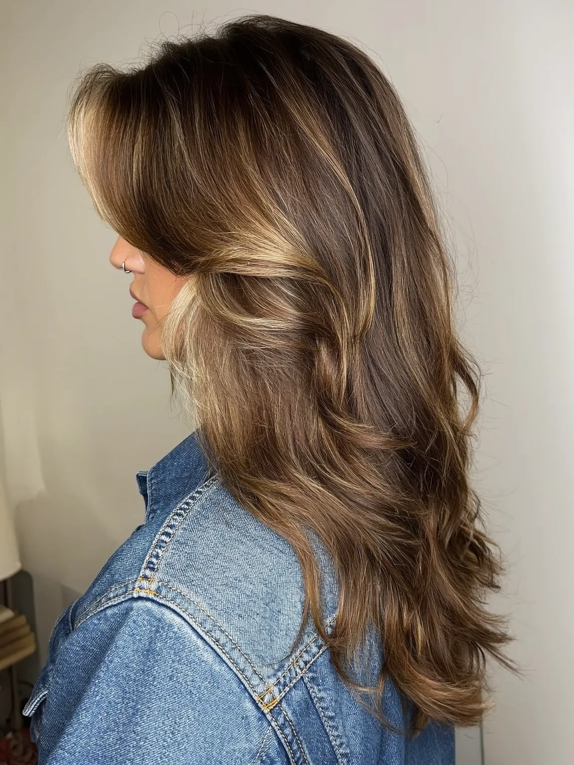 Caramel Balayage Layers with Side-Swept Bangs